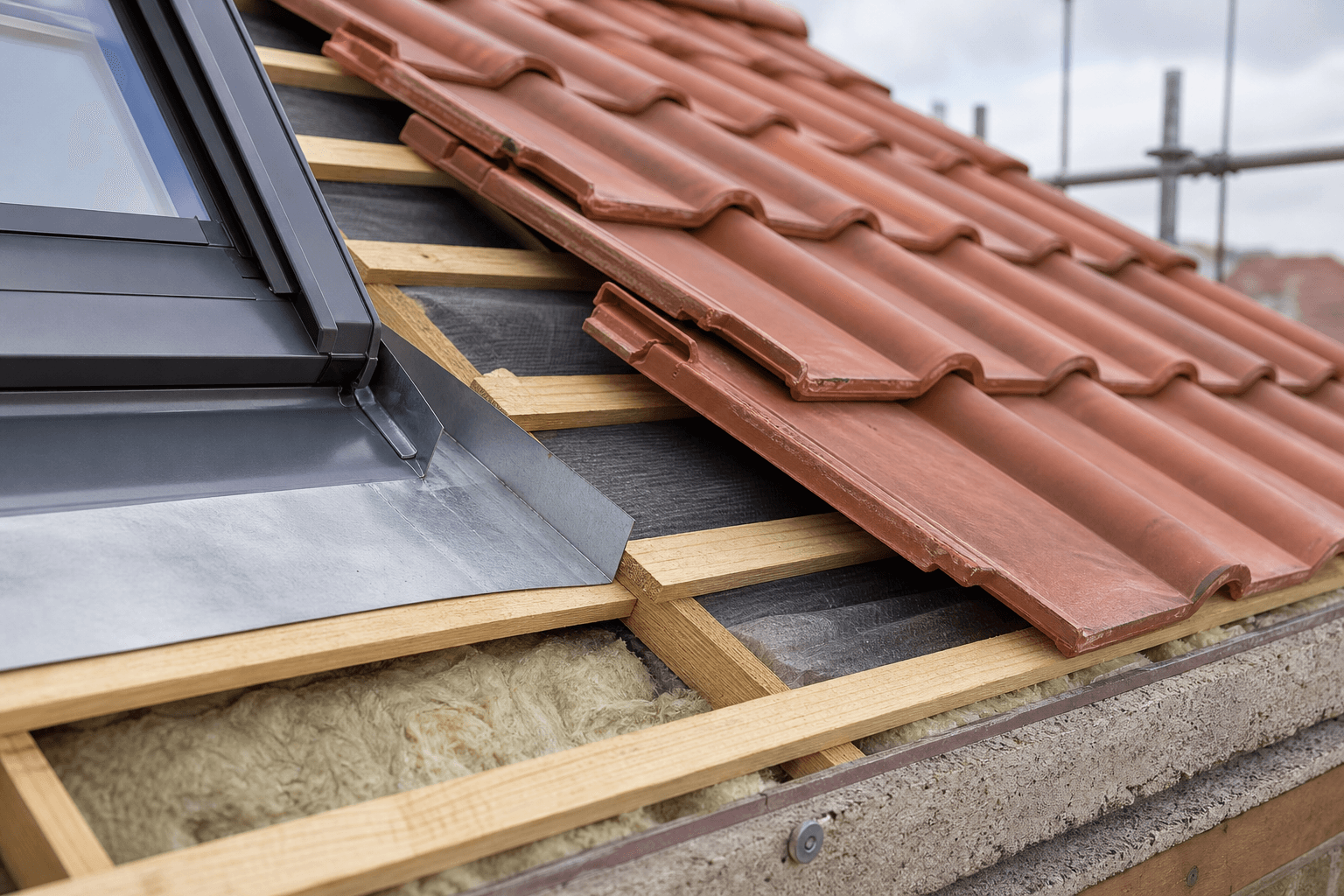 Détail de pose des tuiles plates, liteaux, écran sous-toiture et zinguerie autour d'une fenêtre de toit
