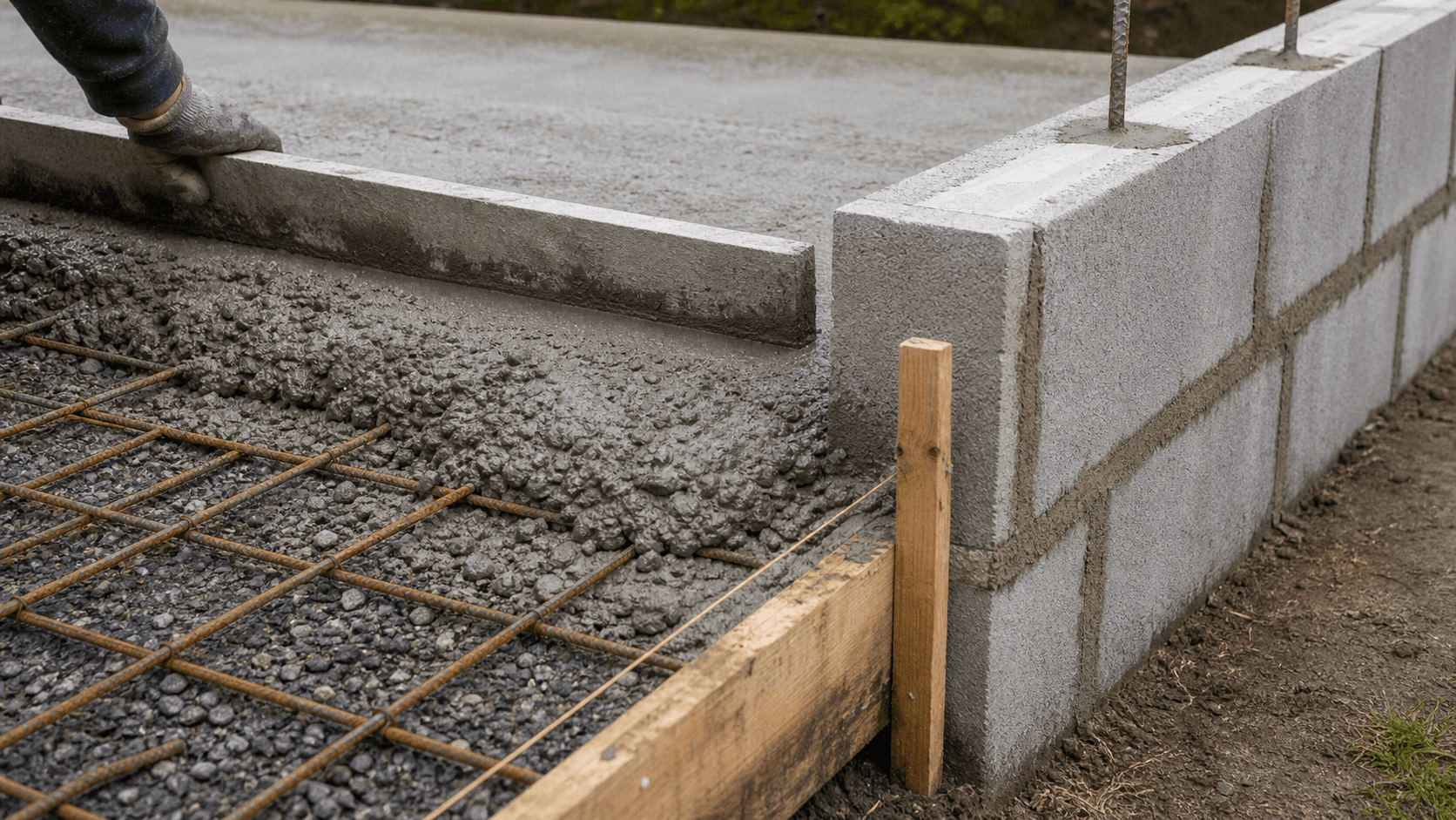 Détail de coffrage, treillis soudé, béton nivelé et joints de mortier sur muret en parpaings