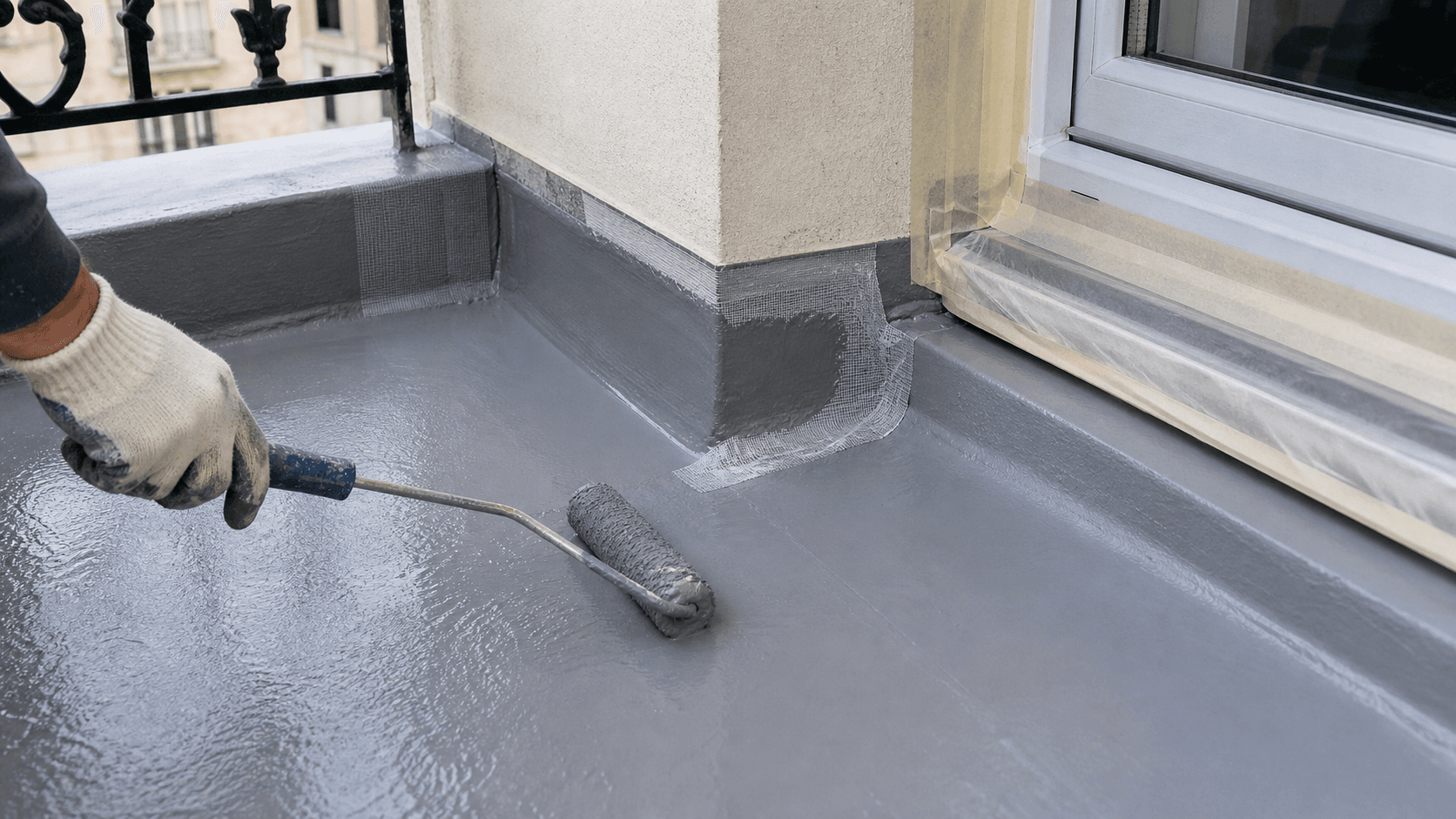 Application de résine d'étanchéité liquide au rouleau avec voile de renfort sur seuil de balcon