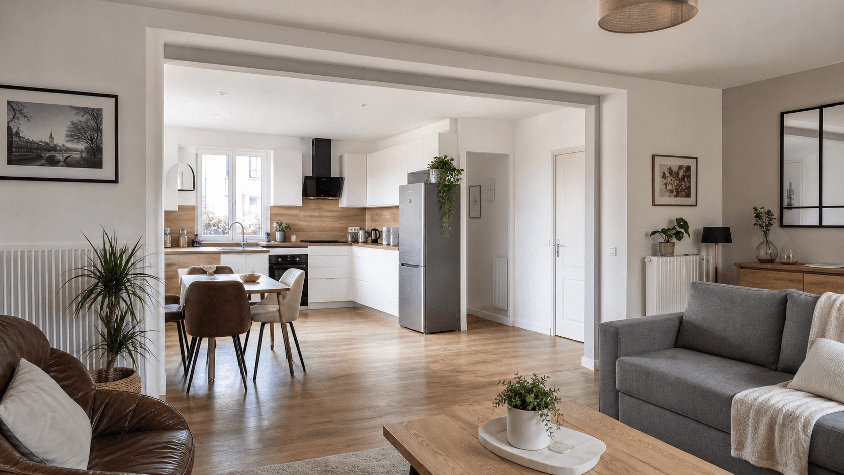 Appartement rénové après ouverture de mur porteur, pièce de vie agrandie et finitions propres