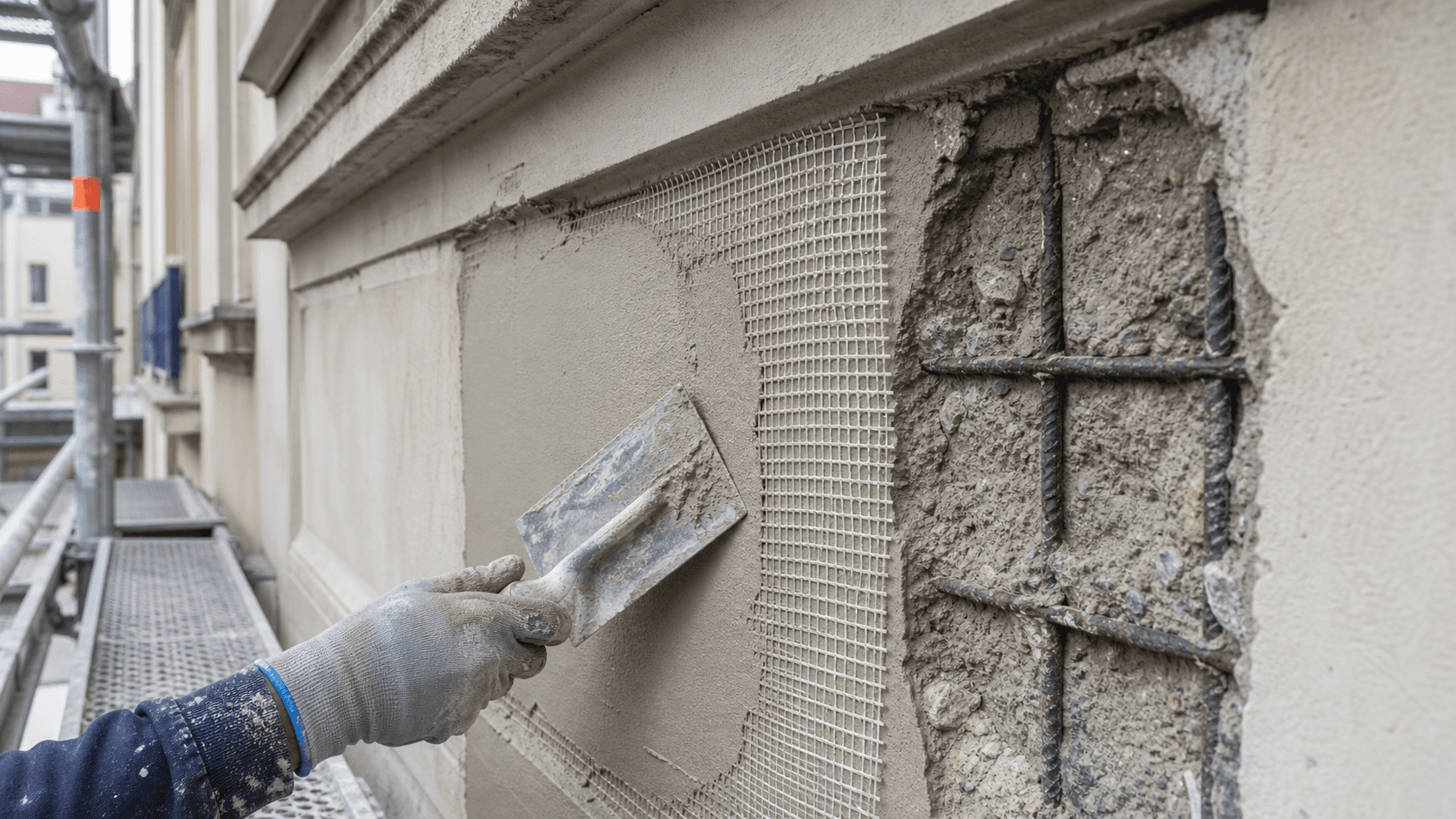 Réparation d'éclat de béton, passivation des aciers et entoilage avant projection d'enduit de façade