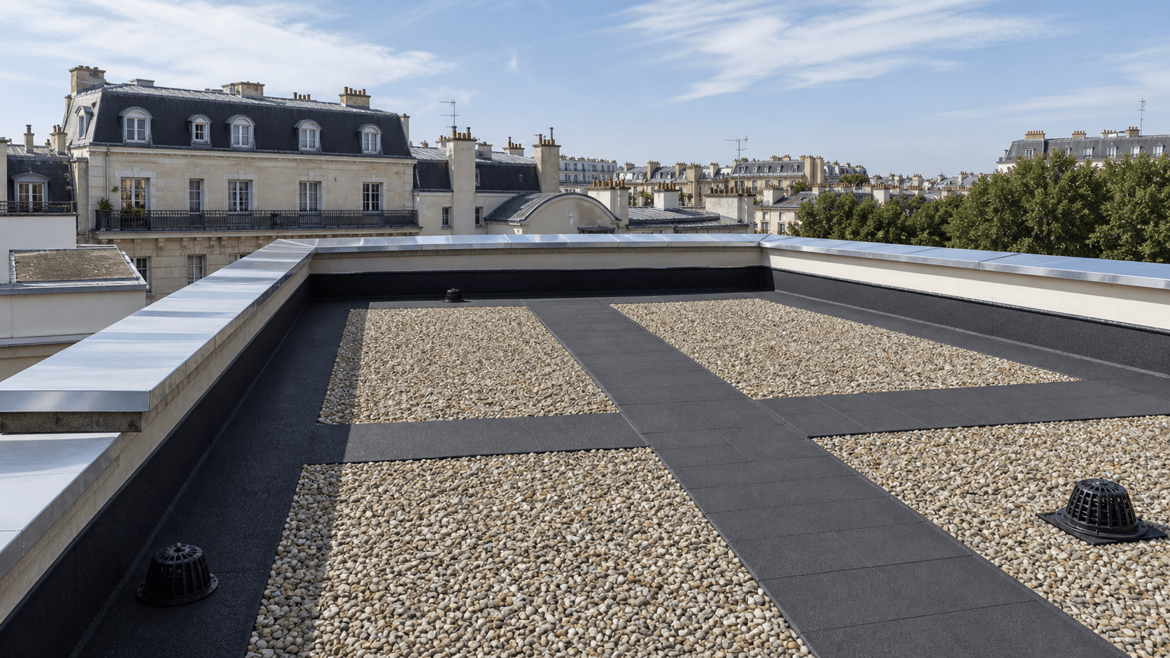 Toiture-terrasse terminée avec protection gravillons, couvertines aluminium et évacuations neuves