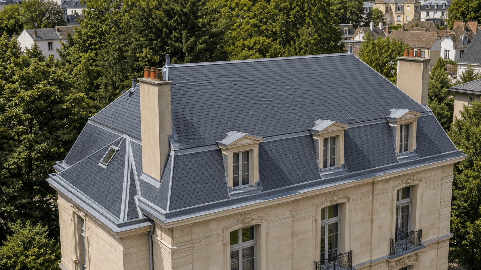 Toiture ardoise terminée avec lucarnes, cheminée, gouttières zinc et alignement traditionnel