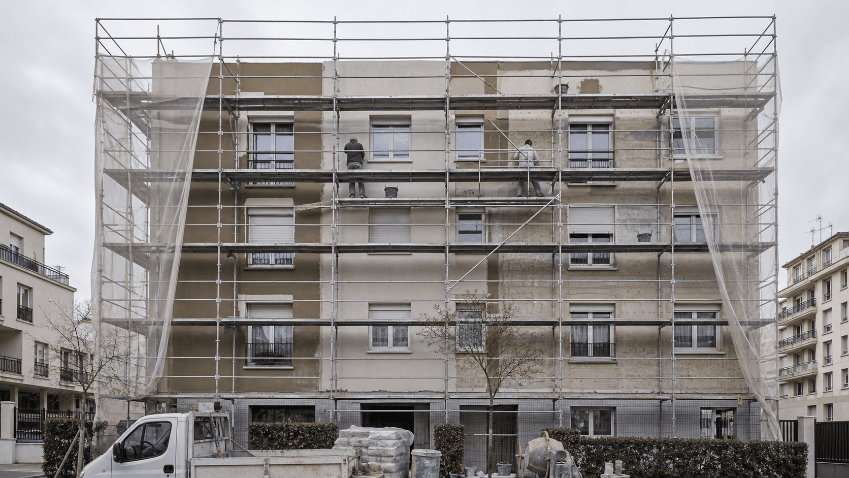 Ravalement intégral réaliste d'un immeuble R+3 à Nanterre avec échafaudage sécurisé
